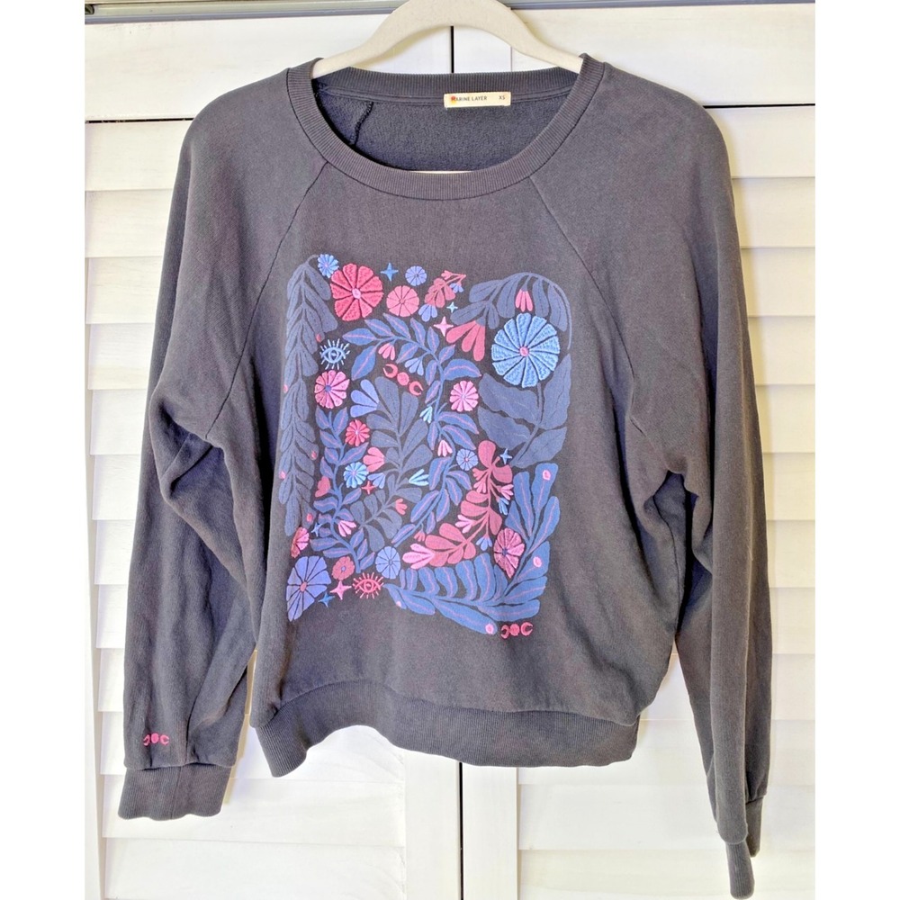 NEW Marine Layer Gray Floral Embroidered Pink Blue Cotton Sweatshirt Womens | XS